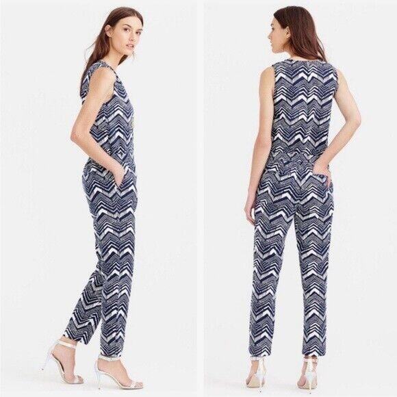 J Crew Cute Linen Zig-Zag Navy and White Print Sleeveless Jumpsuit Romper Size 0 - Picture 1 of 7